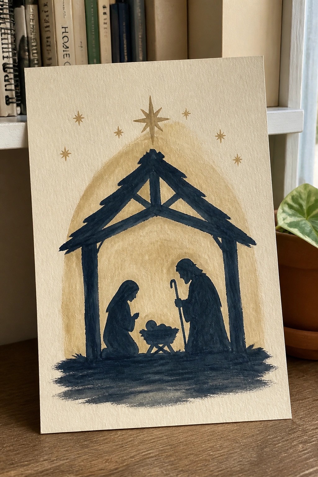 Dark blue watercolor nativity silhouettes in stable with golden star and glow.