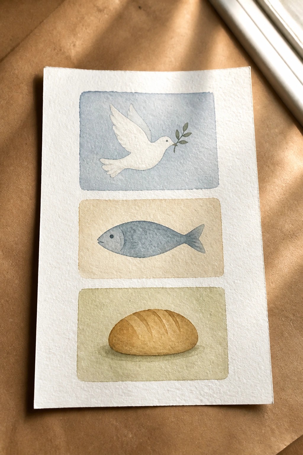 Watercolor card with dove and olive branch, fish, and loaf of bread in panels.