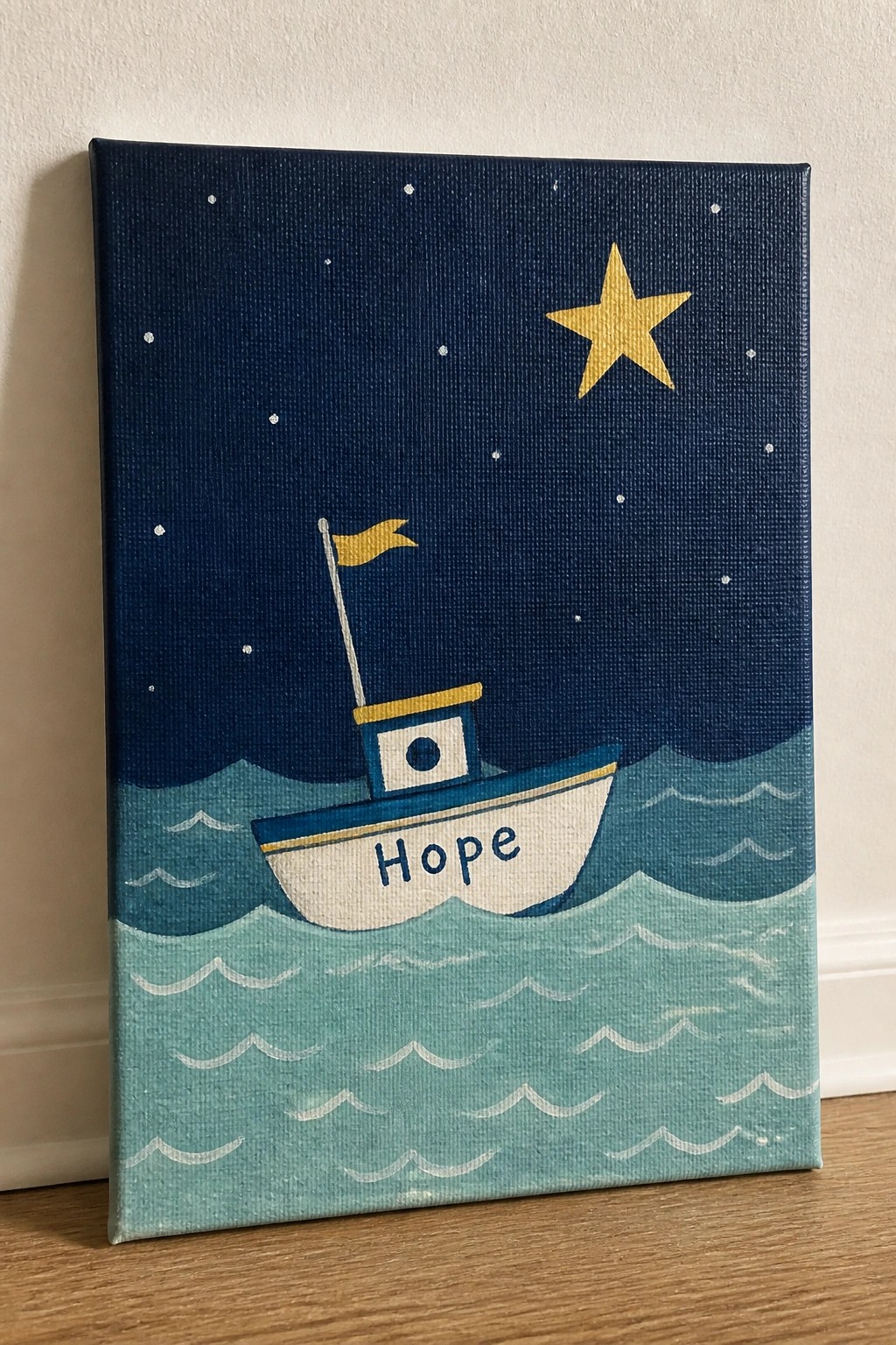 Boat named Hope on teal waves under starry dark blue sky with large yellow star.