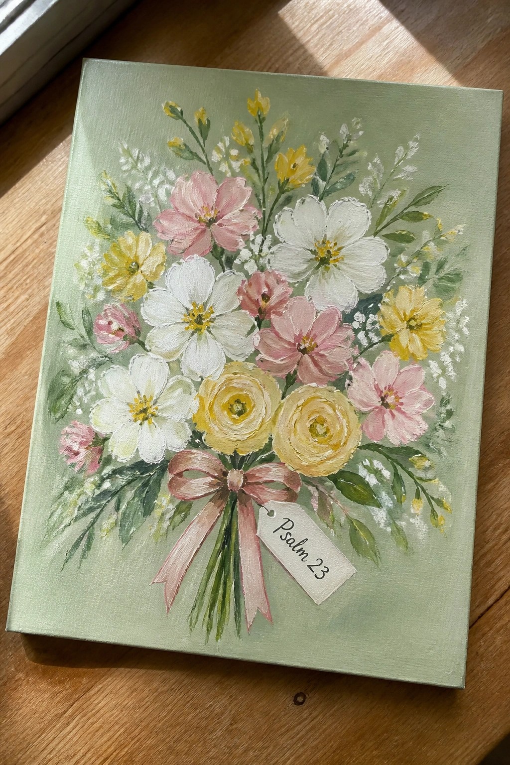 Canvas painting of pink white yellow flower bouquet with pink ribbon and Psalm 23 tag