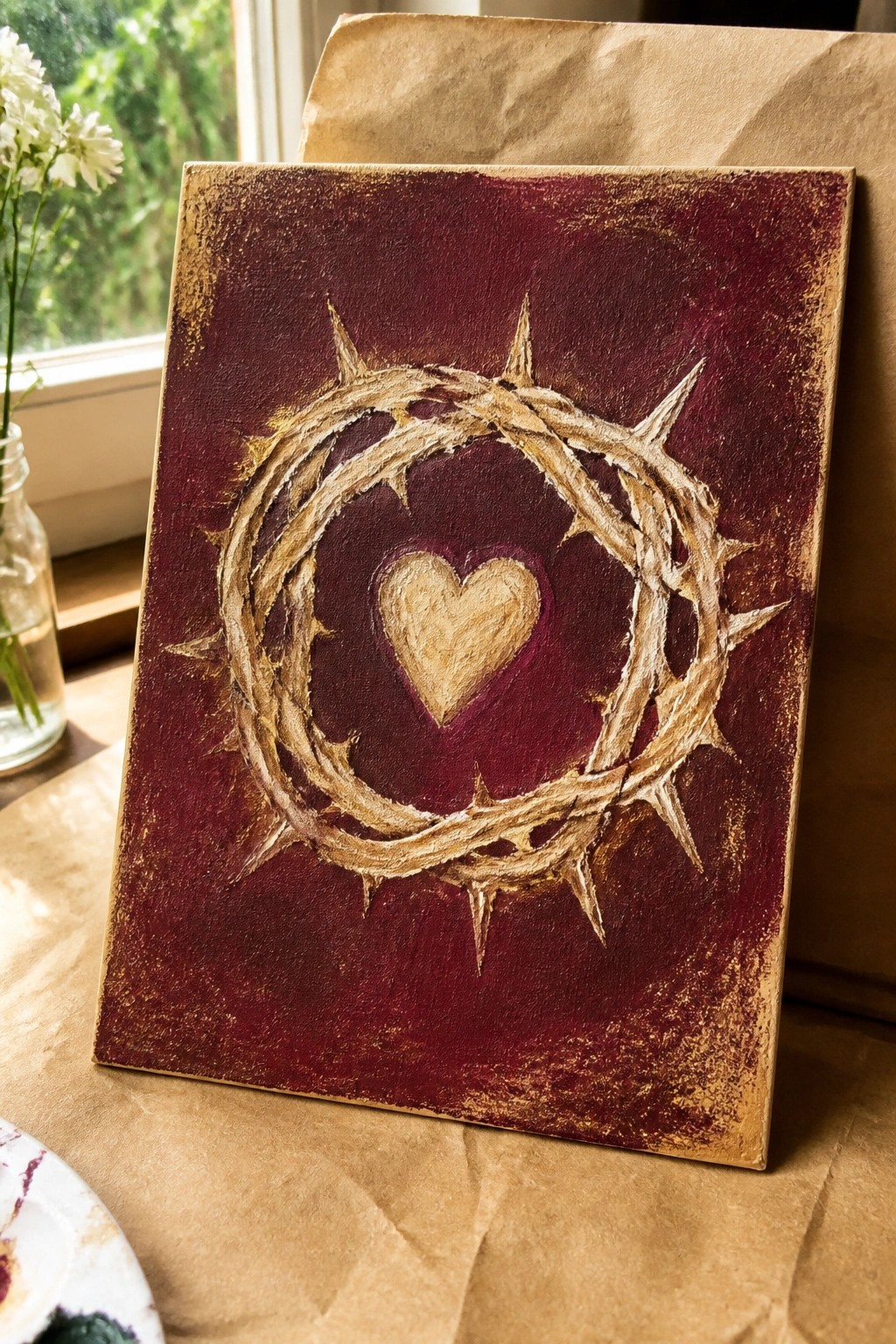 Thorny golden crown encircling a heart on textured maroon canvas with gold edges.