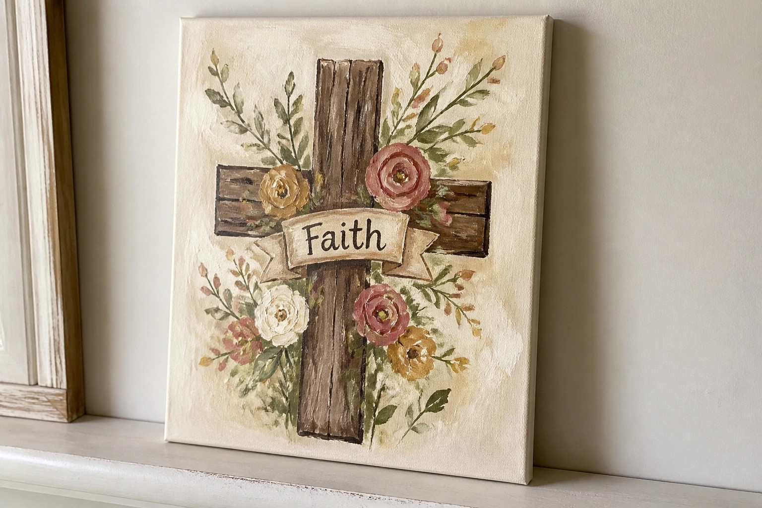 Painted canvas of wooden cross with "Faith" banner amid pink, yellow, and white flowers.