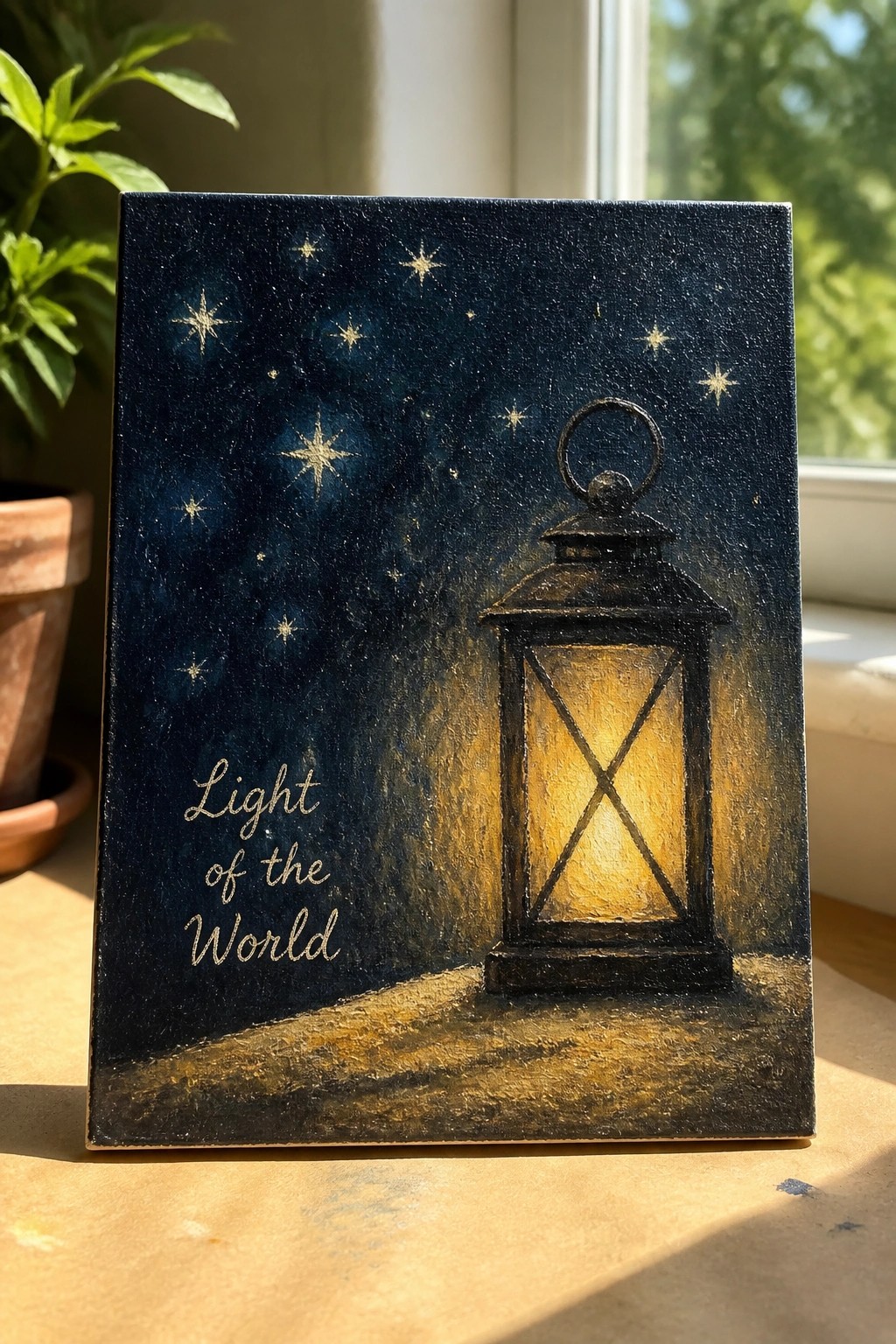 Dark canvas painting of glowing lantern, golden stars, and 