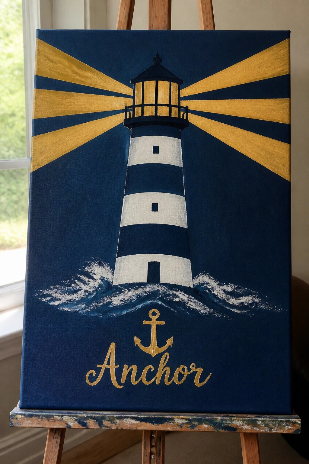 Striped lighthouse with yellow rays, waves, and gold anchor on blue canvas easel.