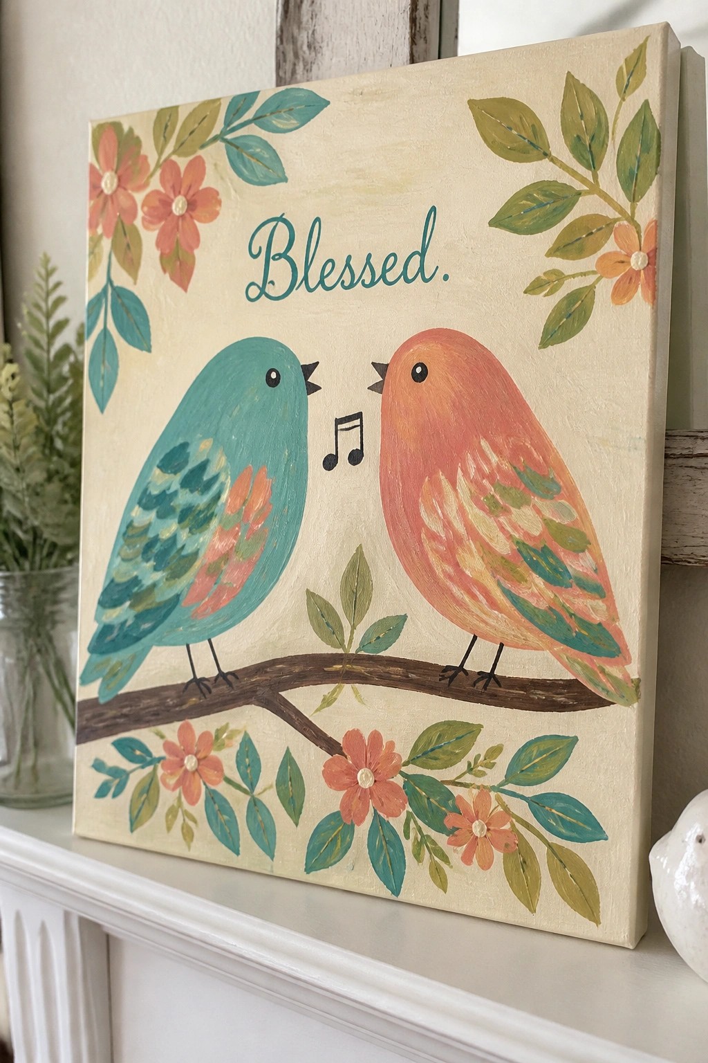 Colorful painting of two birds on a branch with 