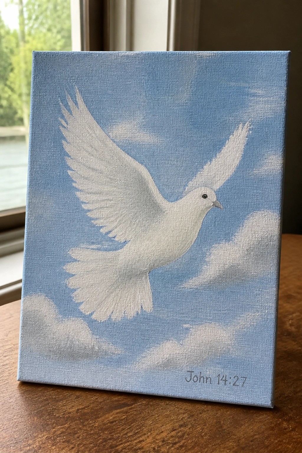 White dove soaring through blue sky with clouds on canvas painting John 14:27