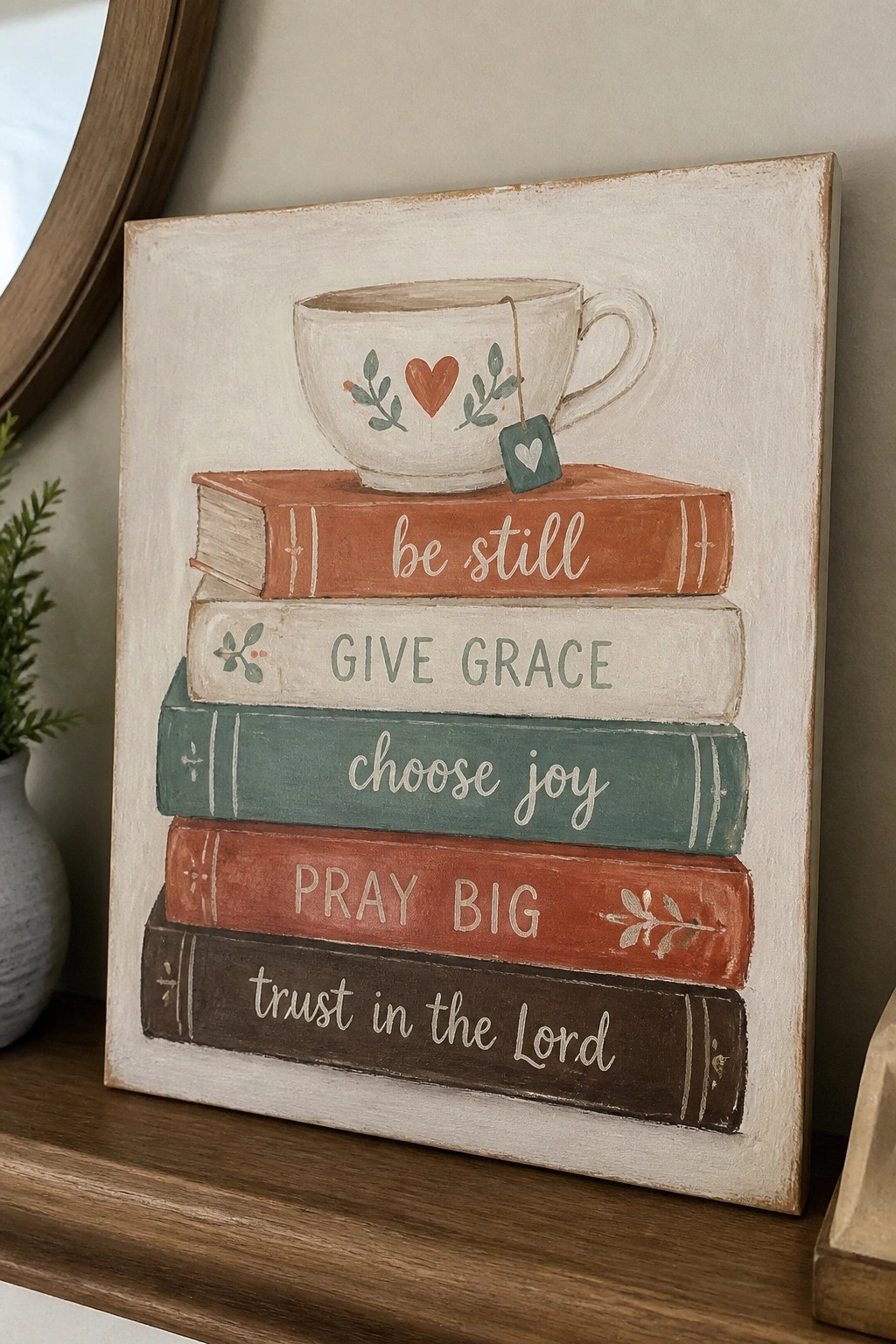 A canvas painting shows a stack of six books with phrases on the spines and a white teacup resting on top.