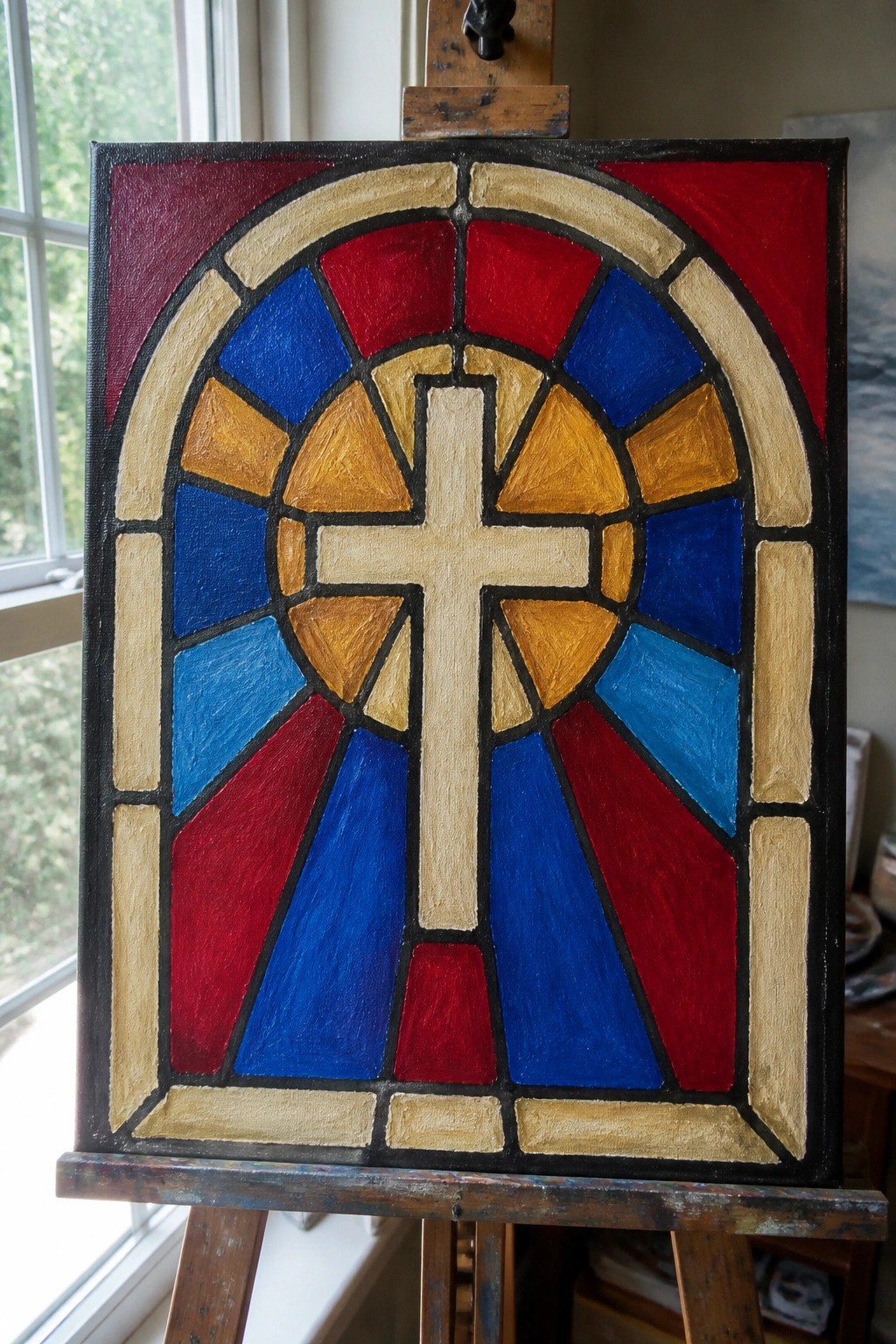 Stained-glass style painting with central cross on wooden easel in red blue gold