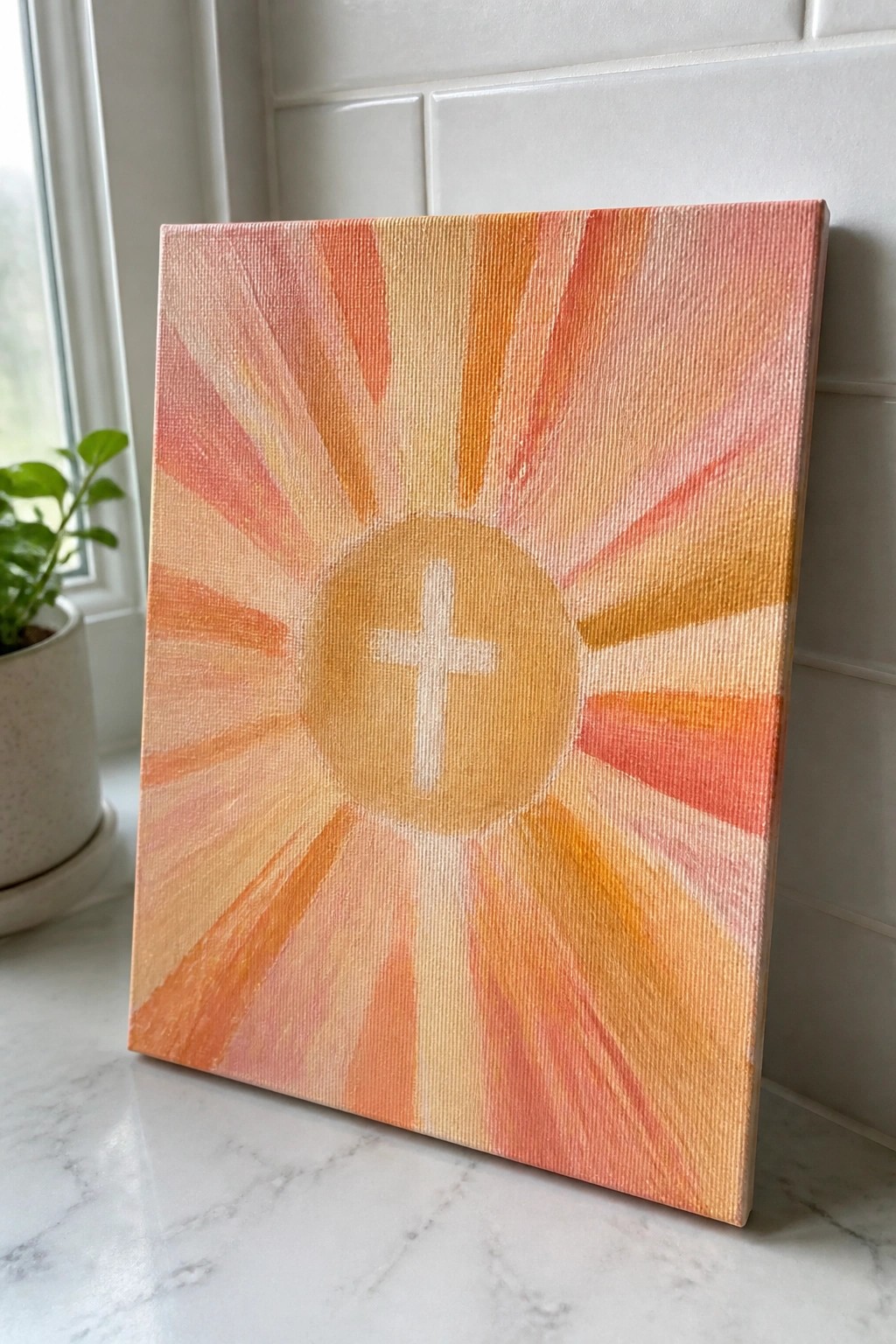 Canvas artwork with radiating pink and orange sun rays around a white cross.
