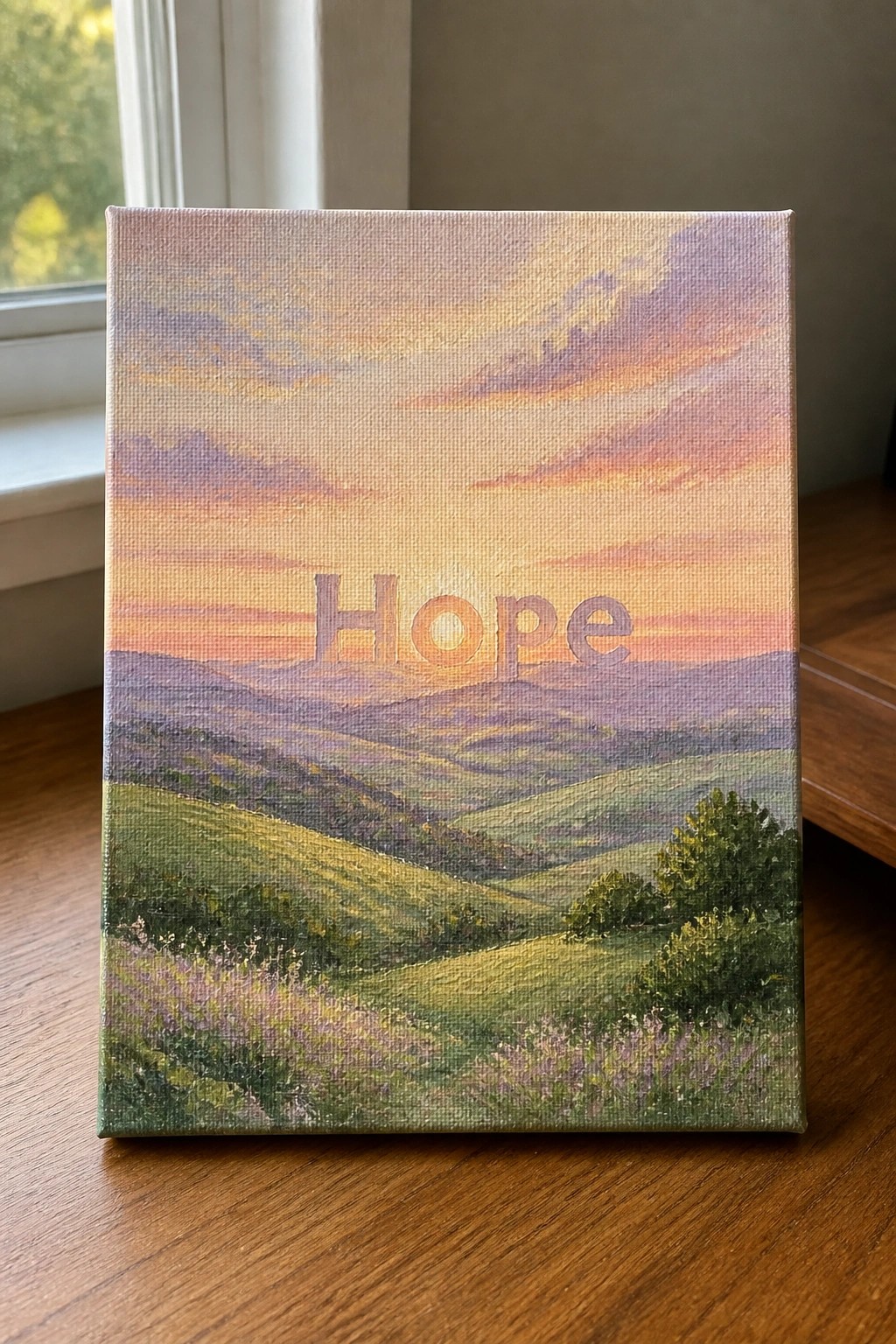 Canvas painting of rolling hills at sunset with 