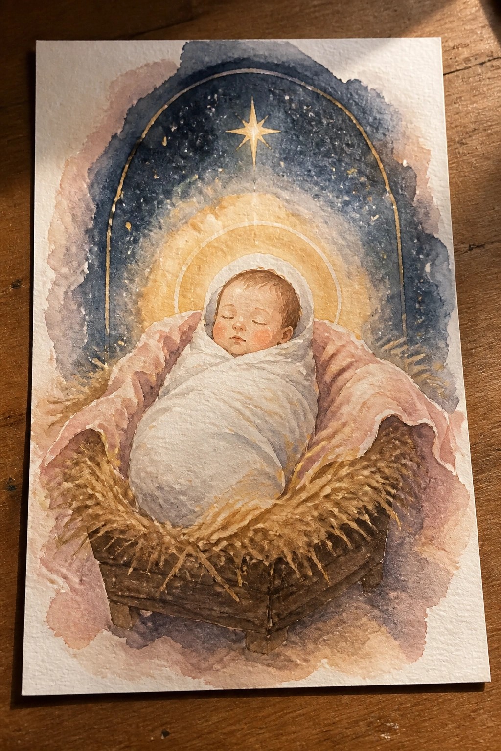 Watercolor of swaddled baby in hay-filled wooden manger under starry night with bright star
