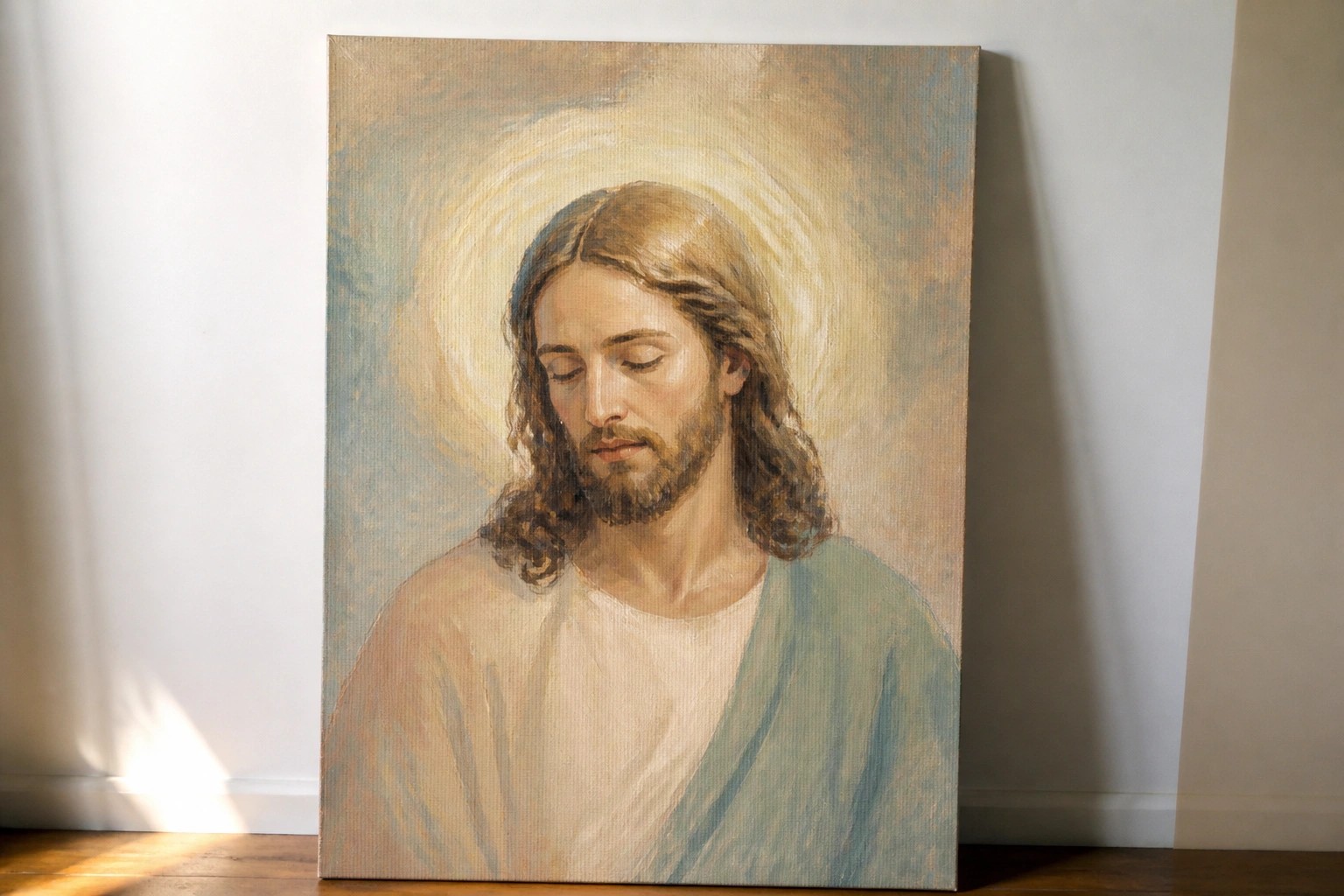 A painting of Jesus with long brown hair, a beard, closed eyes, and a halo, wearing a white robe with a green sash against a blue and beige background.