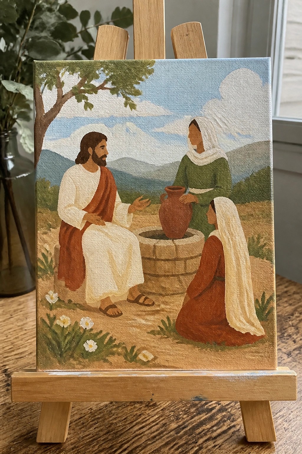 Jesus in white and red robes talks with two women at a stone well amid mountains