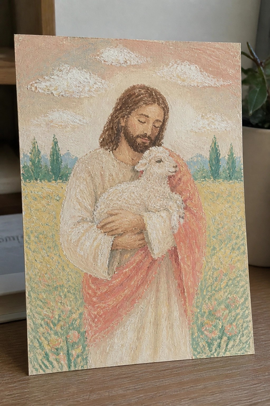 A painting of Jesus with brown hair and a beard in white and red robes holding a white lamb in a flower field with trees and mountains behind him under a cloudy sky.