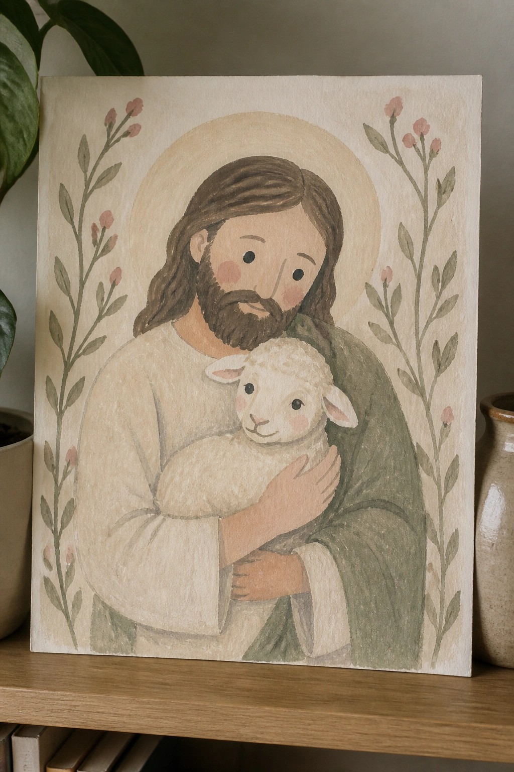 Watercolor painting of Jesus cradling a lamb with halo and pink floral borders.