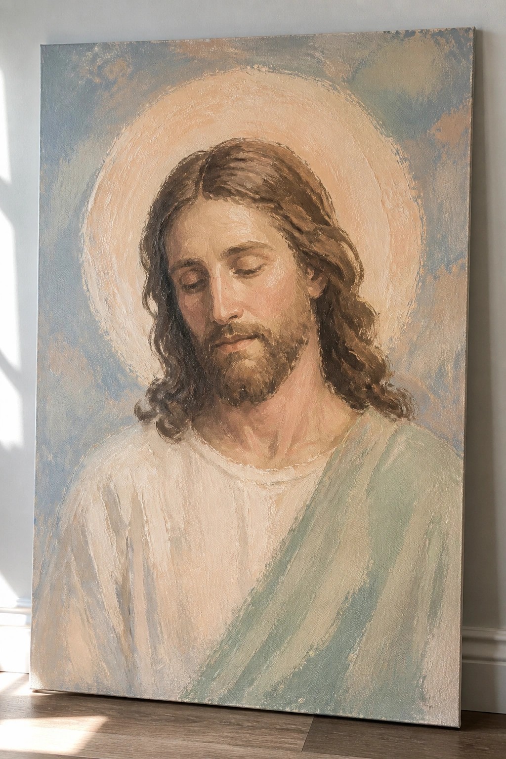 A painting of Jesus with long brown hair, a beard, closed eyes, and a halo, wearing a white robe with a green sash against a blue and beige background.