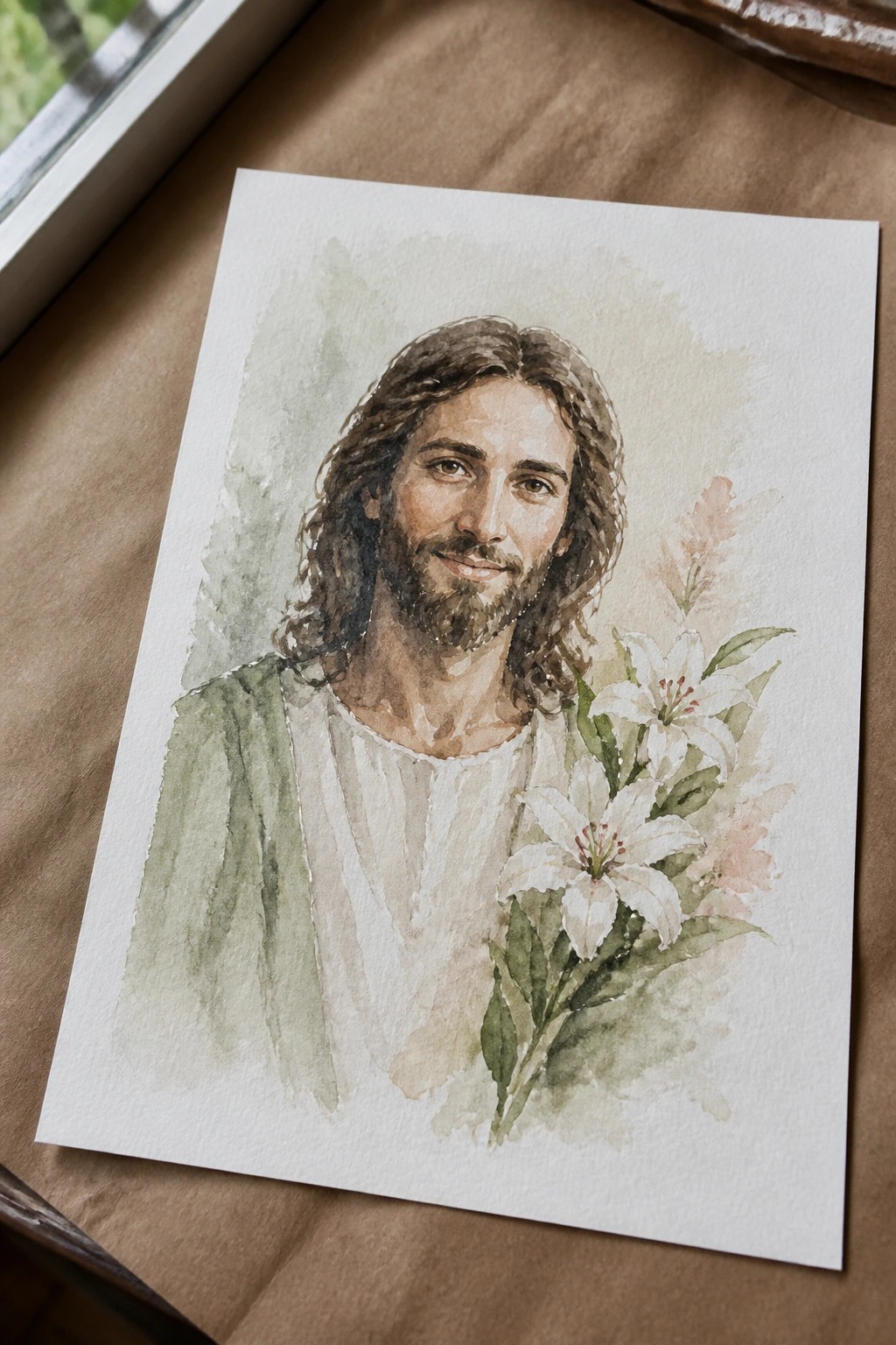 Watercolor portrait of bearded Jesus in white robe with green shawl holding white lilies