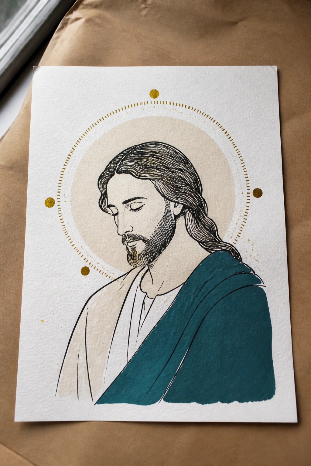 Line drawing of Jesus in teal robe with dotted gold halo on white paper