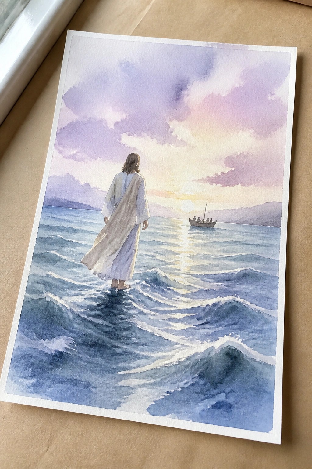 Watercolor of robed figure walking on blue waves toward boat under purple-pink sunset sky