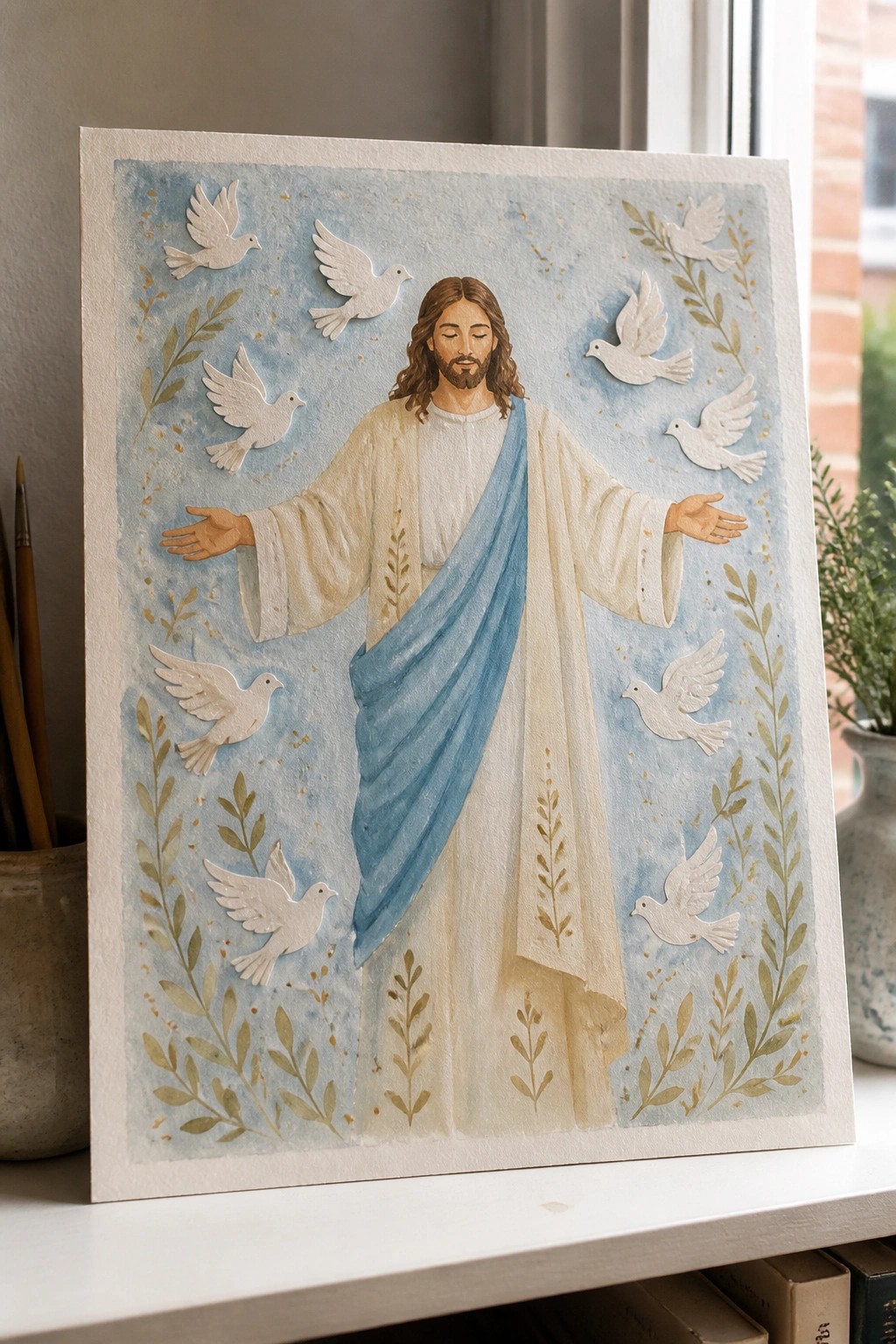 Jesus in white robe and blue sash, arms open amid white doves and branches.