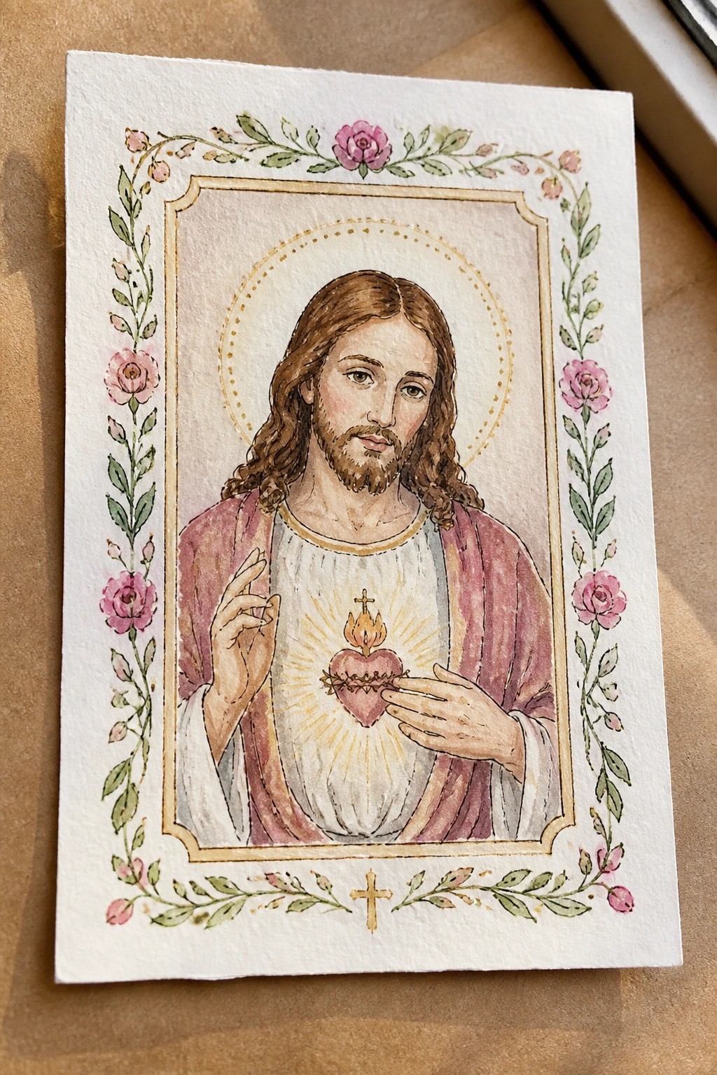 Watercolor of Jesus with brown hair, red cloak, and flaming sacred heart amid rose border.