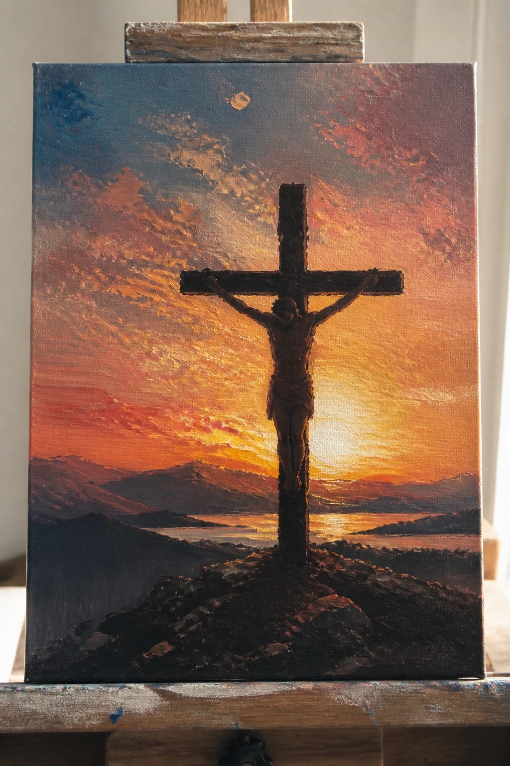 Painting of Jesus crucified on cross against vibrant orange-blue sunset over mountains.
