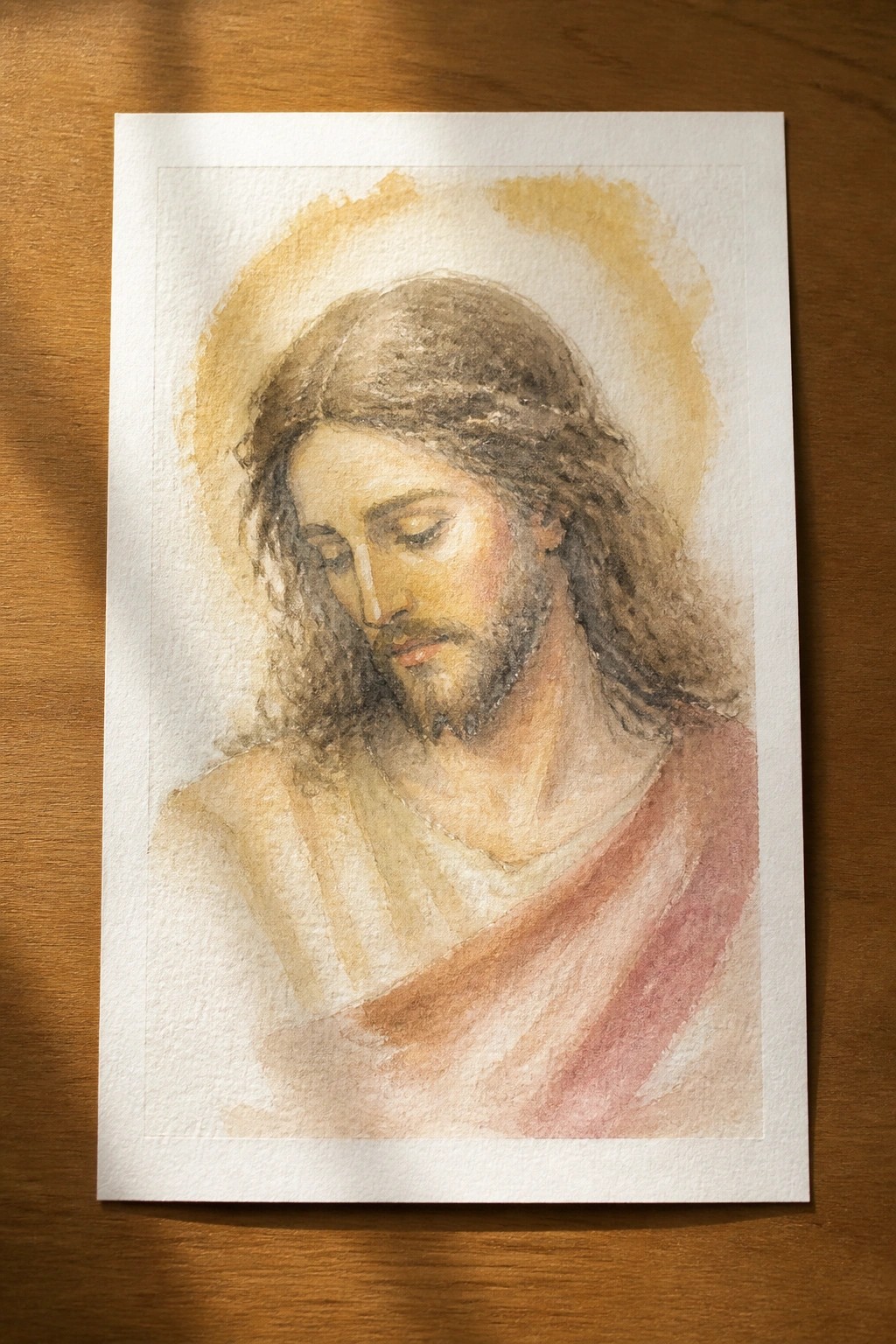 Watercolor of Jesus with bowed head, long hair, beard, golden halo, and red-white robes.