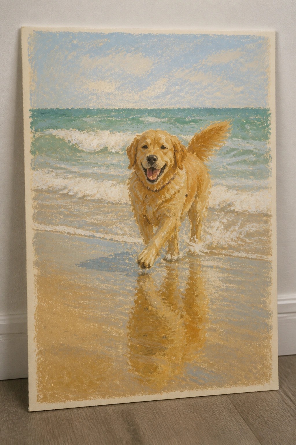 Golden retriever running joyfully through shallow waves on a sunny beach with blue ocean behind.