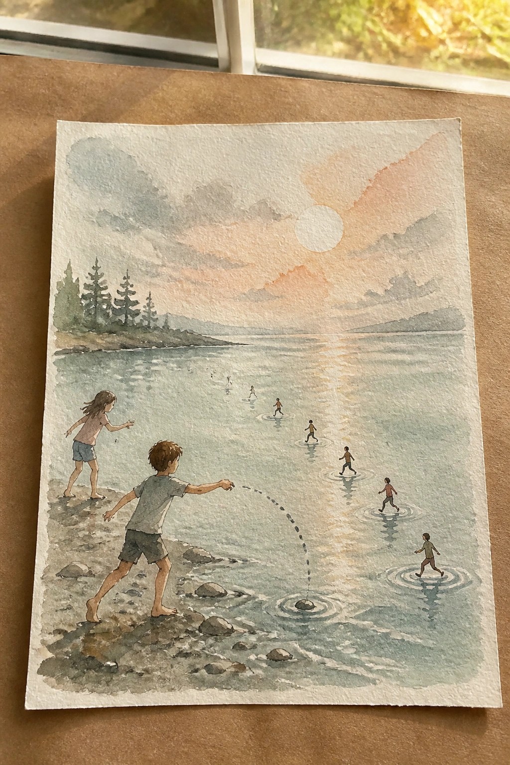 Watercolor of children wading in lake at sunset, boy throwing stone from rocky shore
