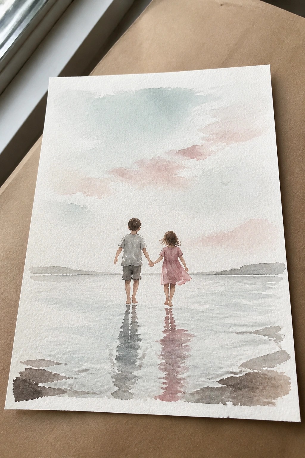 Watercolor of boy in gray shirt and girl in pink dress holding hands in shallow water