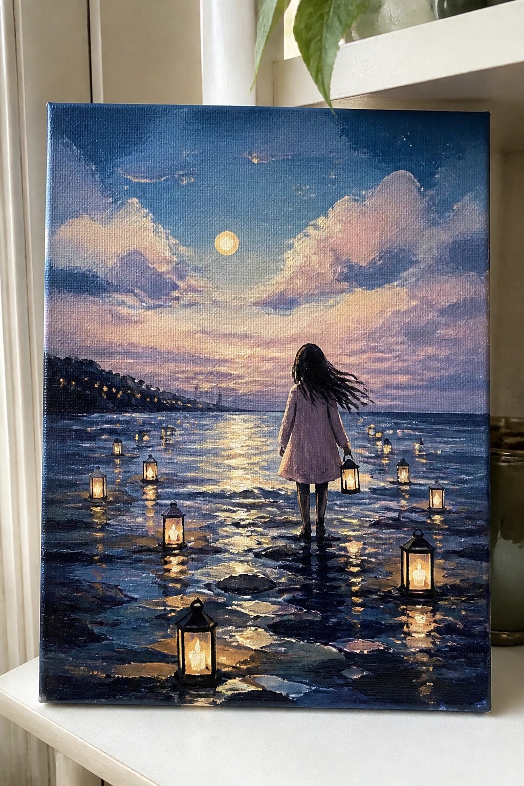 Girl in pink coat walks among glowing lanterns on moonlit sea at dusk