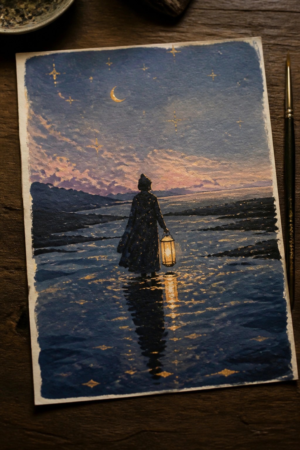 Cloaked figure with lantern walks on reflective path under starry night sky with crescent moon