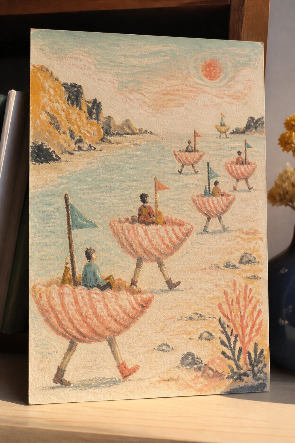 Pastel painting of people in pink striped shell walkers on sunny beach with flags