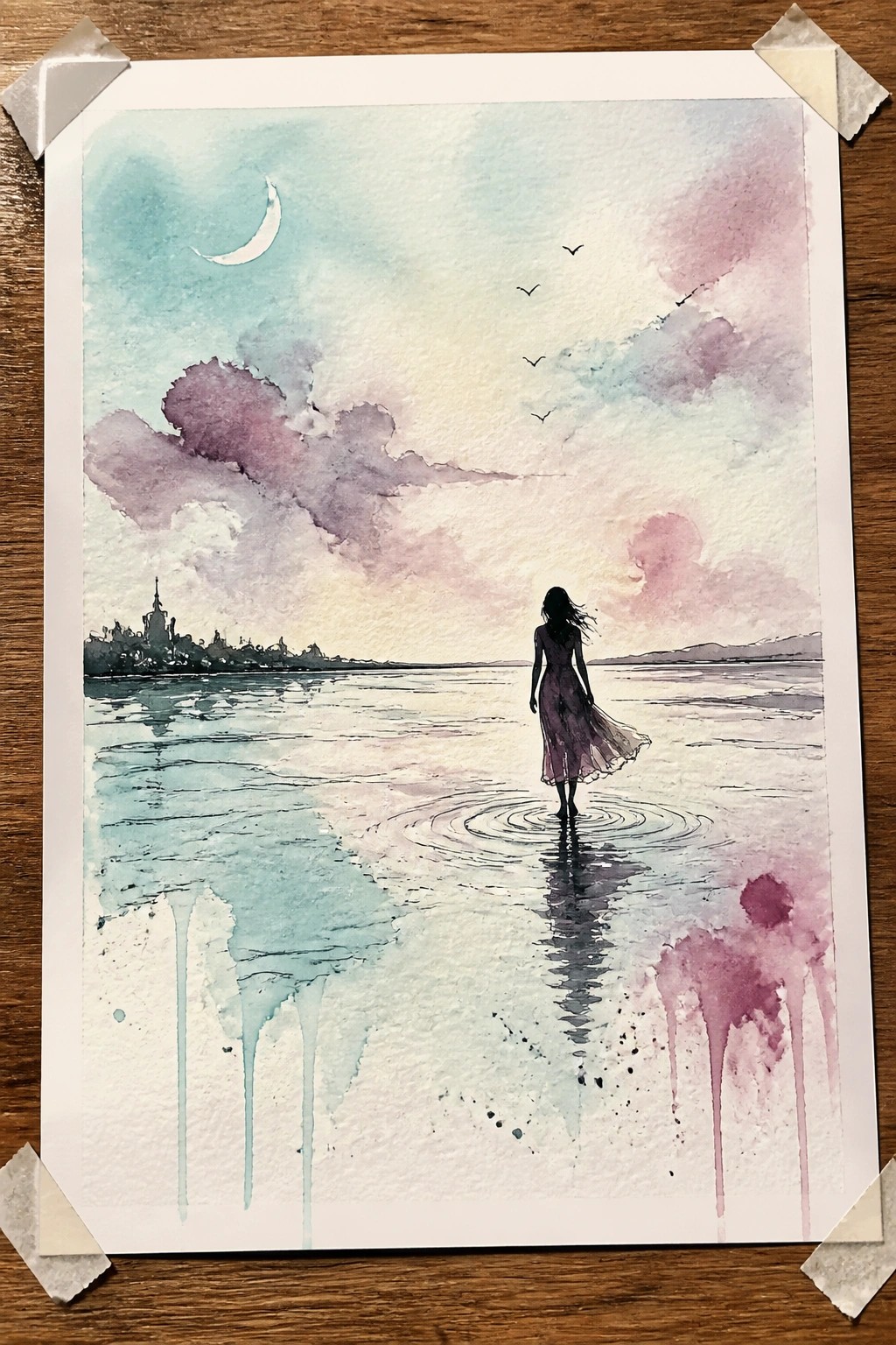Woman in flowing dress walks on water making ripples under crescent moon with distant city