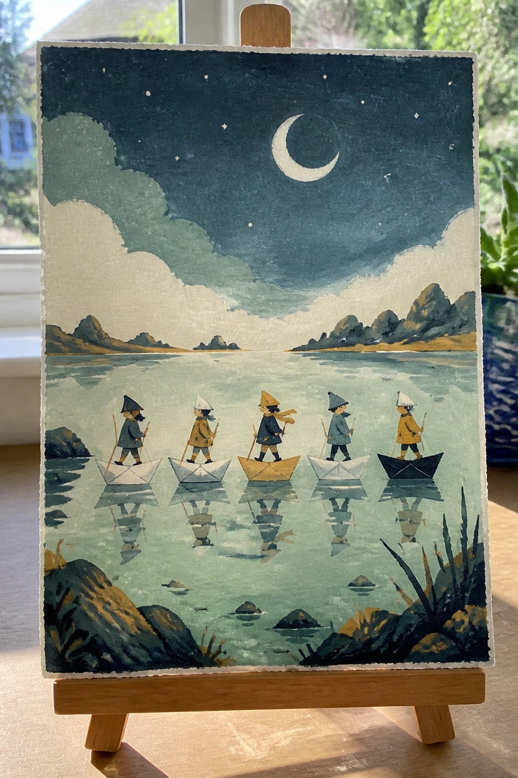 Five figures in conical hats paddle paper boats under a crescent moon at night