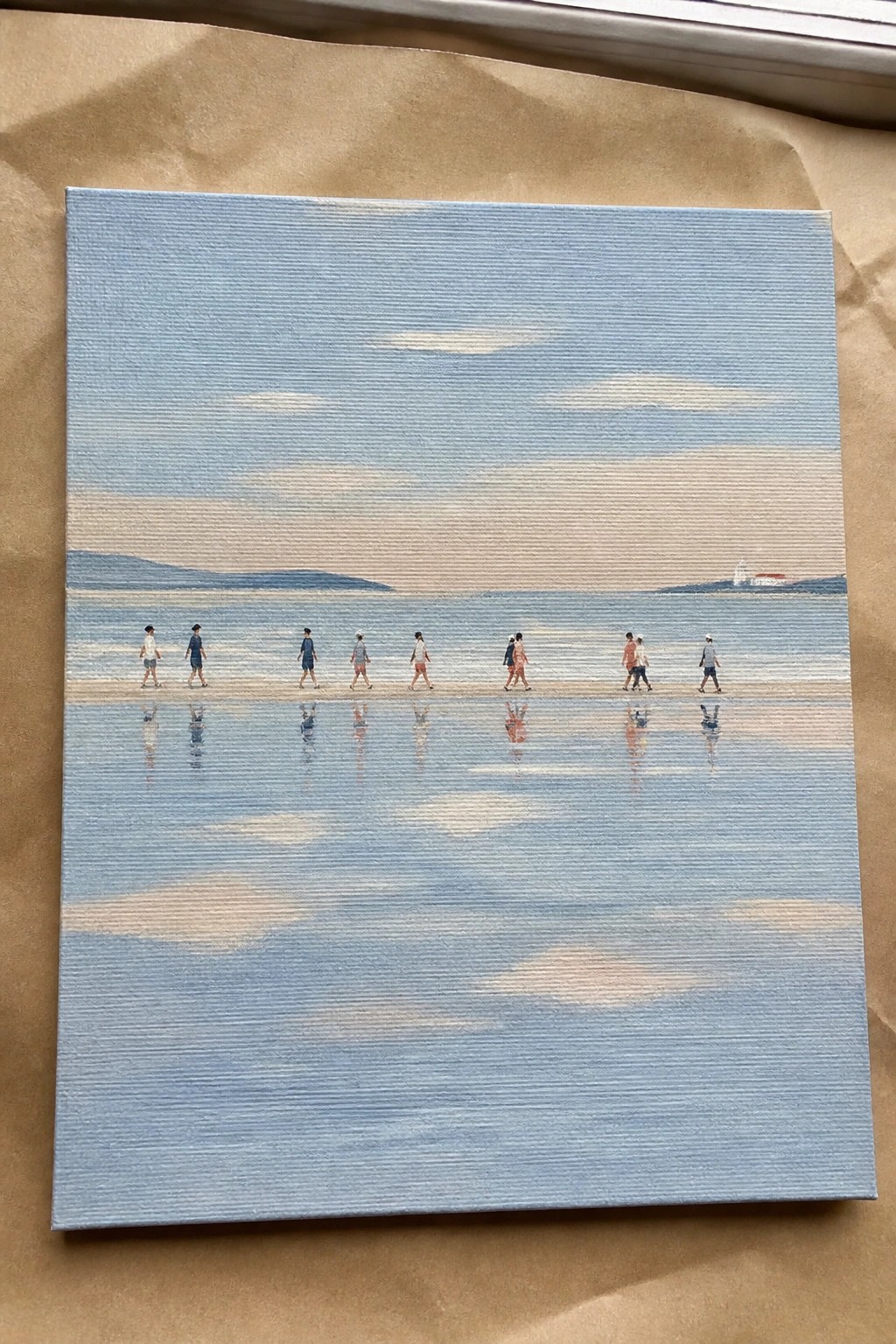 A painting of several small figures walking in a line across shallow water with visible reflections below them and a blue sky with clouds above.