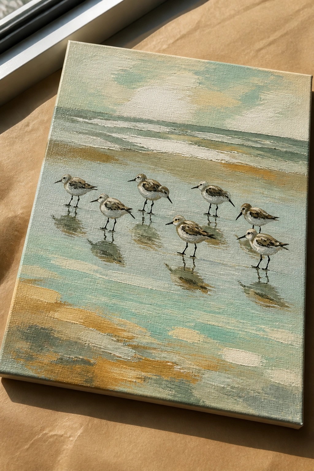 Abstract painting of eight sandpipers wading in shallow turquoise water with reflections.