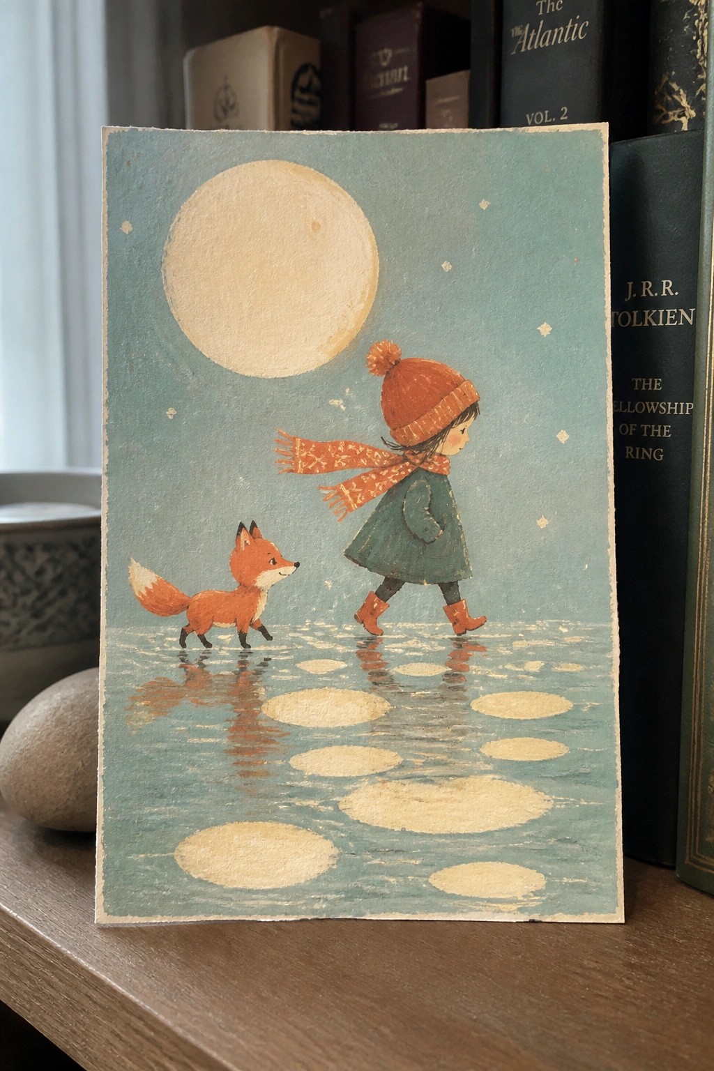 Girl in green coat, orange hat and scarf, walks with fox on moonlit stepping stones