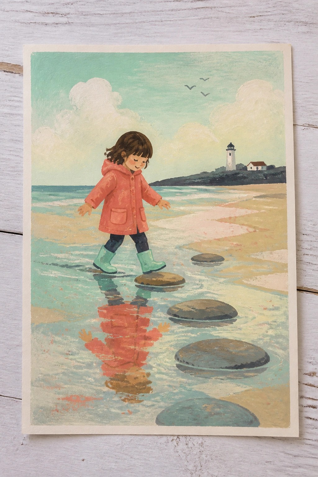 Girl in red coat and green boots stepping on stones in shallow beach water near lighthouse