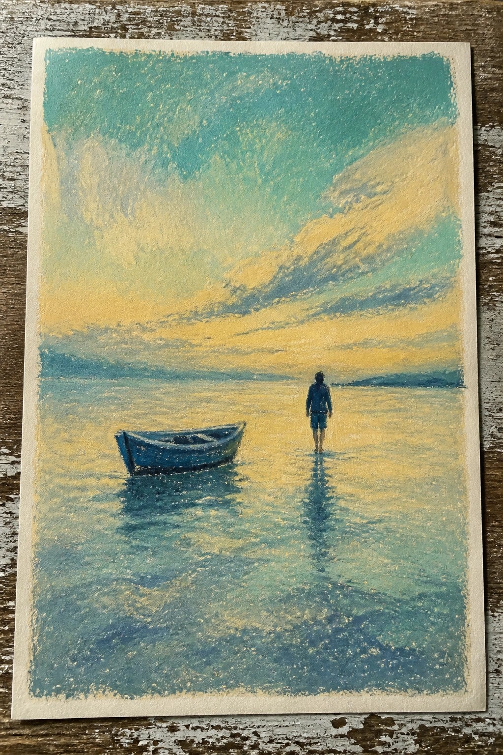 Person in blue walks past small boat on golden water under vibrant sunset sky