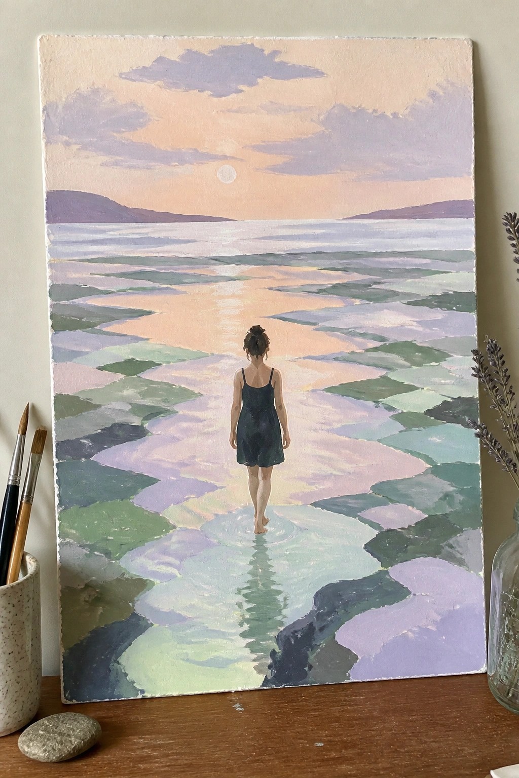 Woman in black dress walks barefoot through colorful patchwork waters at sunset, paintbrushes nearby.