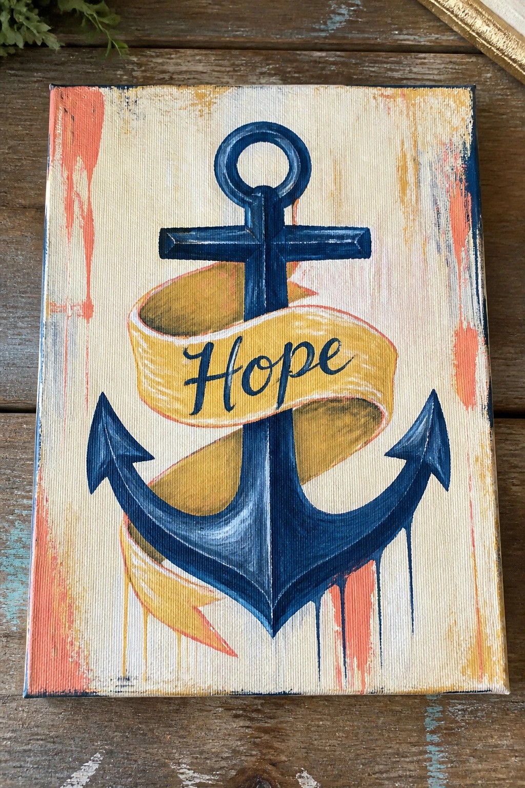 Blue anchor with yellow Hope banner on distressed coral and blue canvas