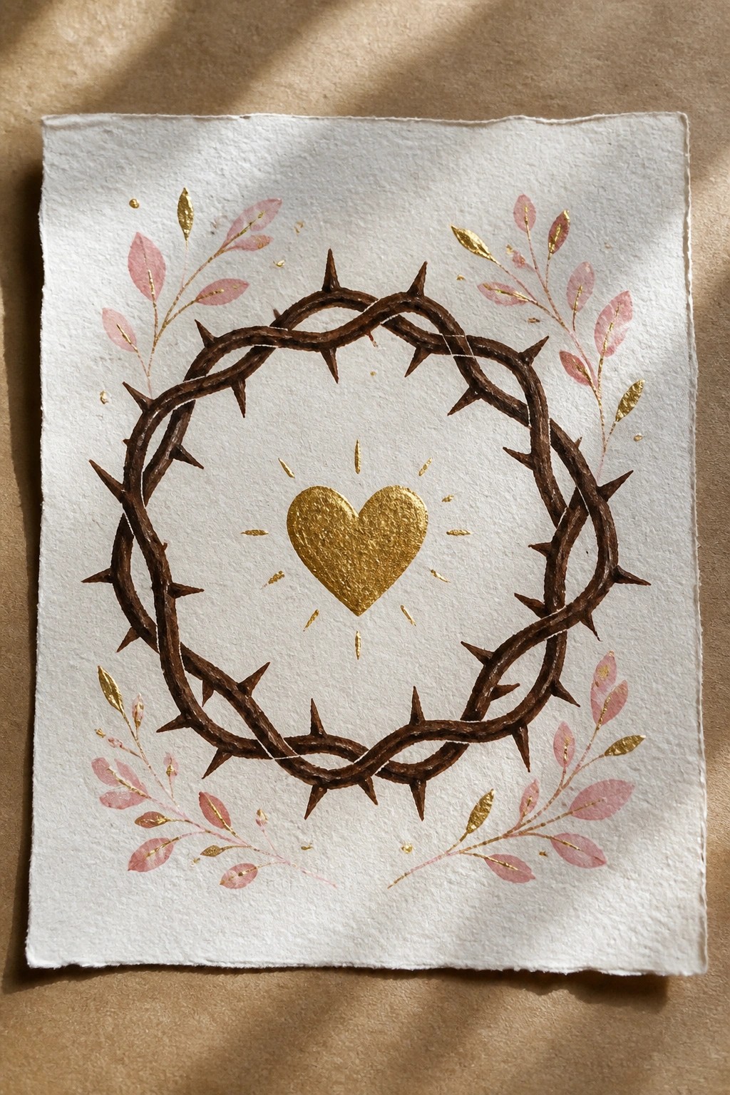 Watercolor crown of thorns around gold heart with pink and gold leaves.