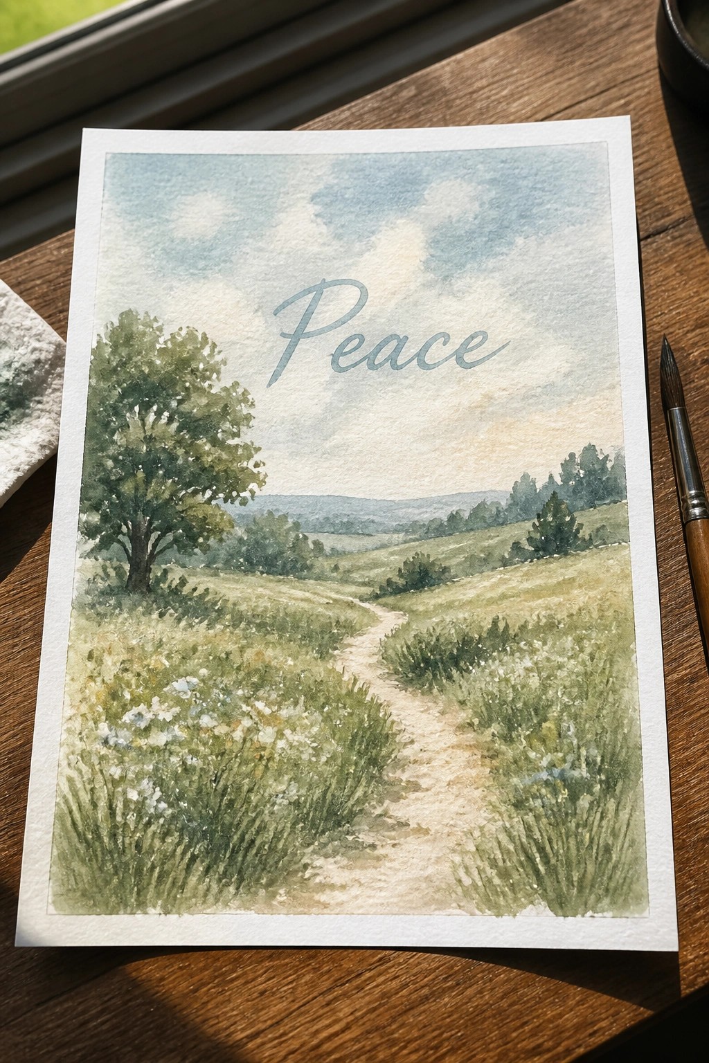 Watercolor landscape of meadow path with 