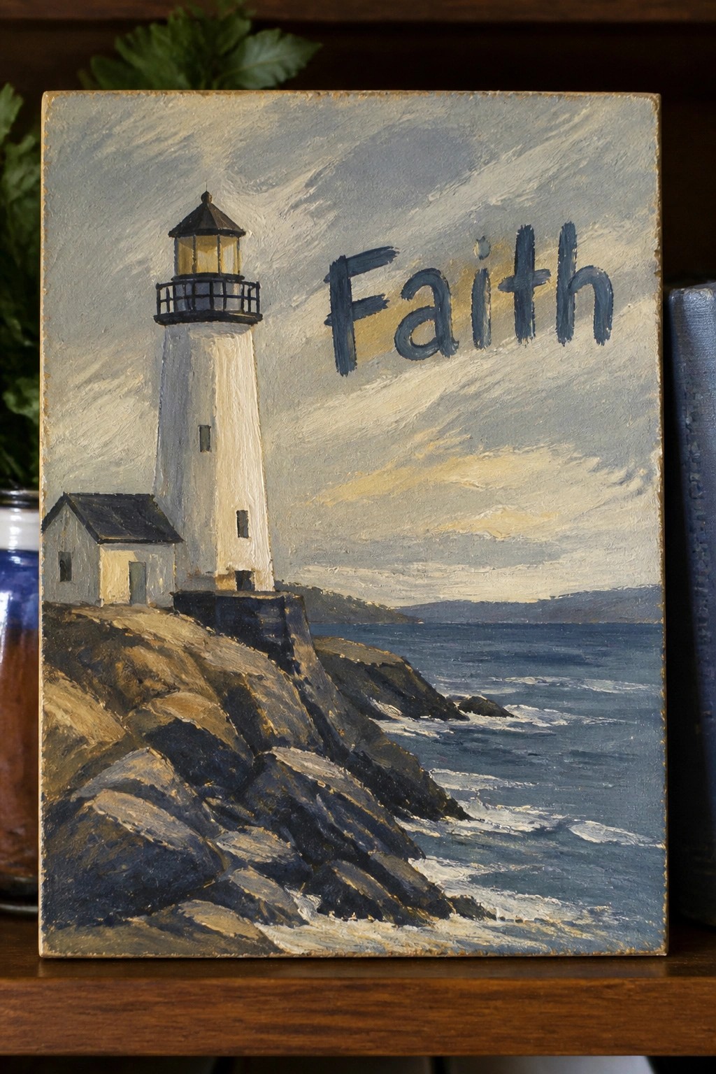 Painting of white lighthouse on rocky cliffs by ocean with 