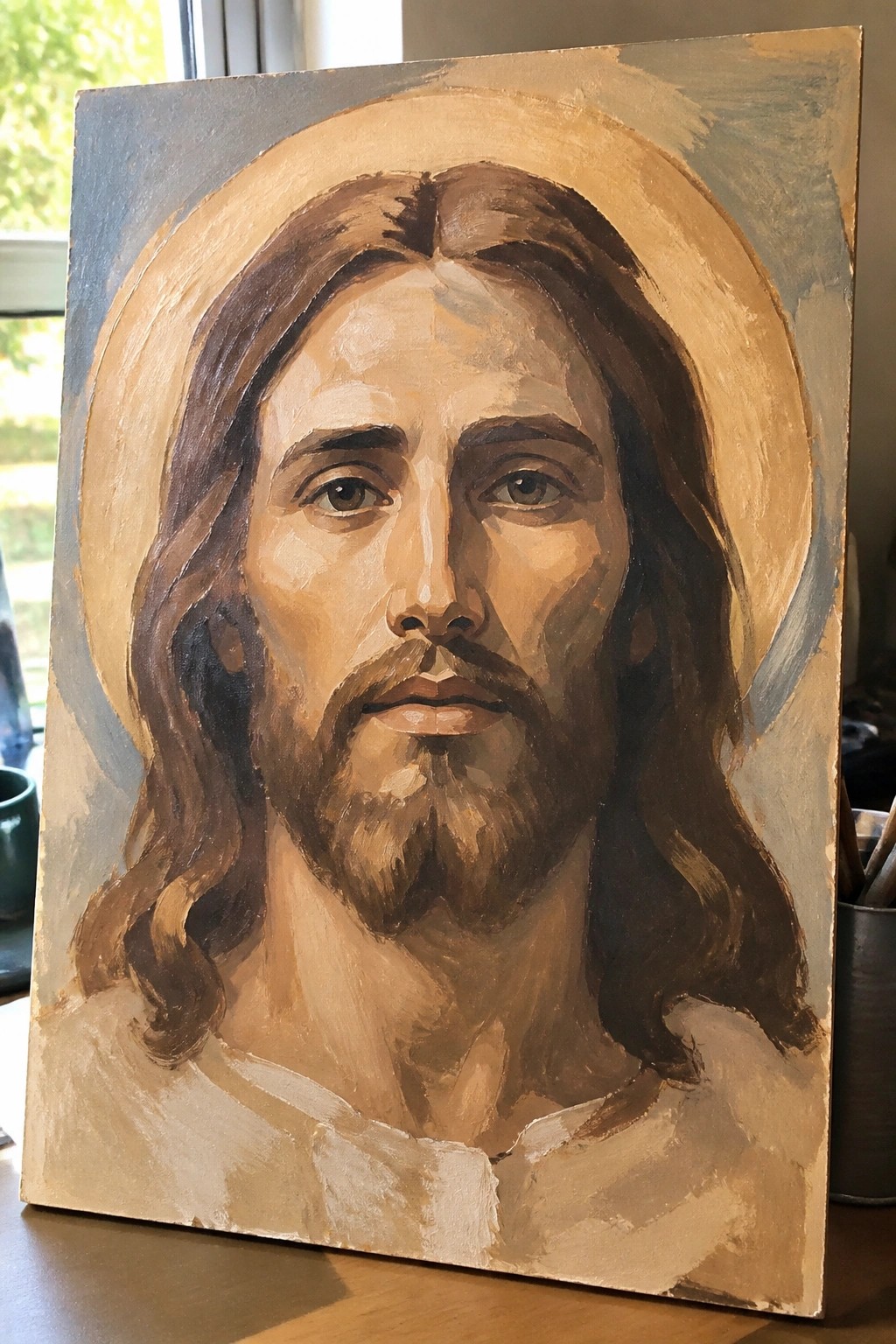Oil painting of Jesus with long brown hair, beard, white robe, and golden halo.
