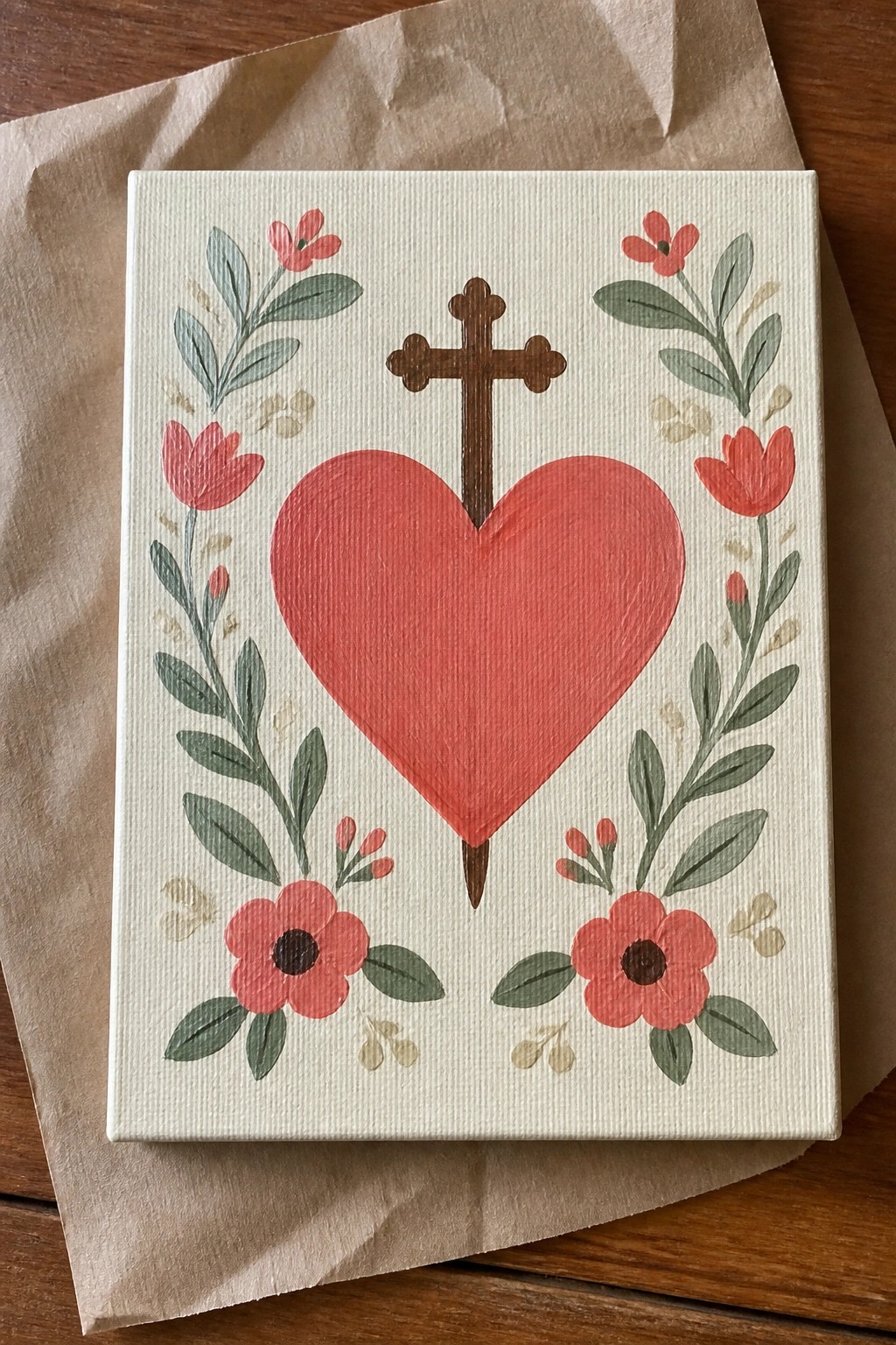 Red heart with brown cross on white canvas, bordered by red flowers and green leaves.