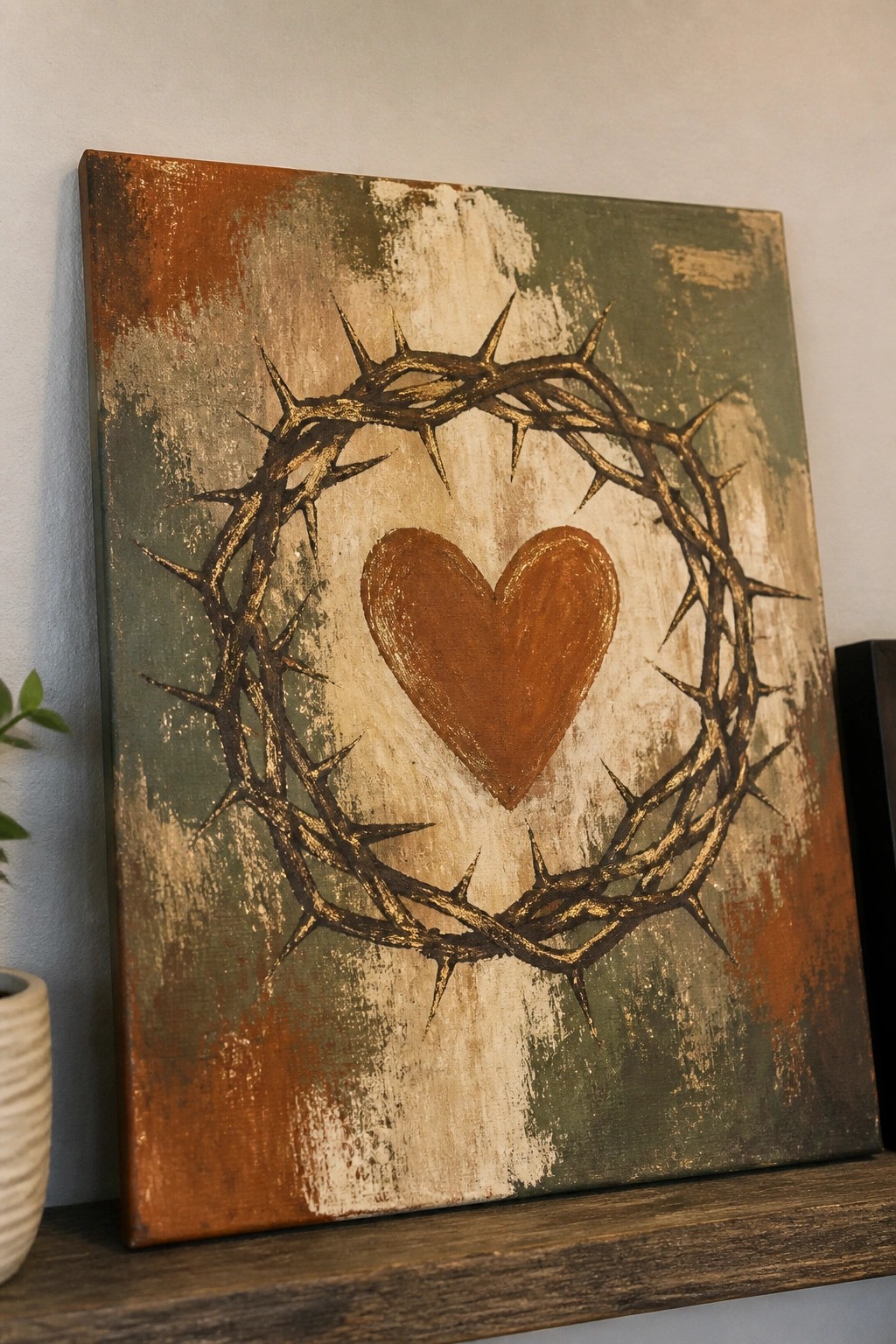 Rustic canvas with golden crown of thorns around a brown heart in earthy tones.