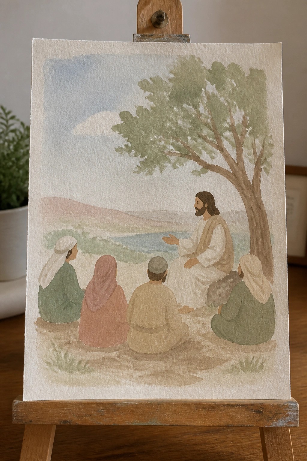 Jesus under tree gestures to four robed listeners in watercolor landscape with hills and water