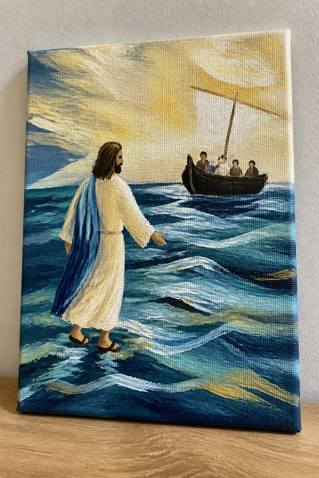 Jesus in white robe and blue cloak walks on stormy waves toward sailboat with figures.